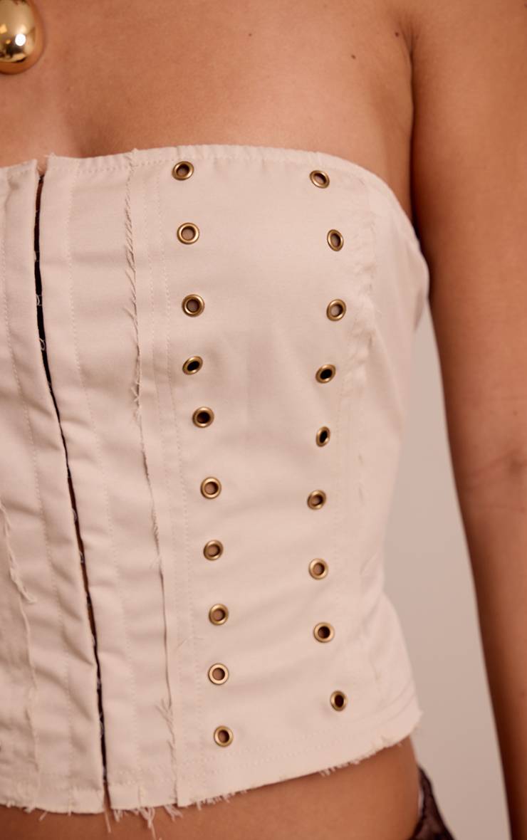 Gris Pierre Corset Bandeau En Tissu Tissé Vieilli Avec Détails D'œillets