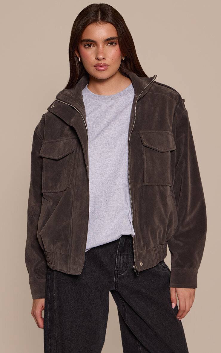 Gris Foncé Blouson Aviateur En Synthétique Avec Col Montant Et Détails De Poches