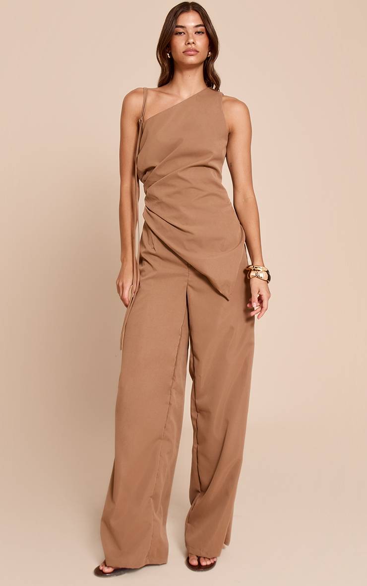 Marron Combinaison-pantalon Tissée À Une Épaule Et Jambes Larges