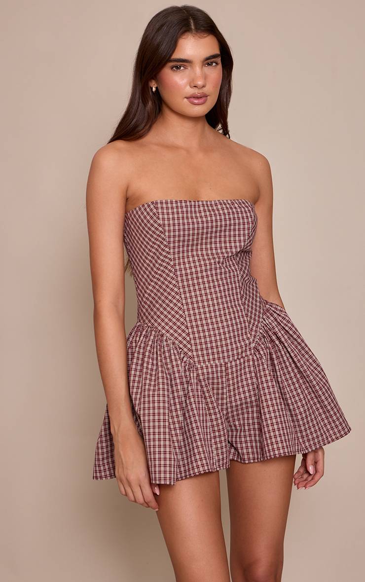 Rouge Bordeaux Combi-short Bandeau Tissé À Carreaux