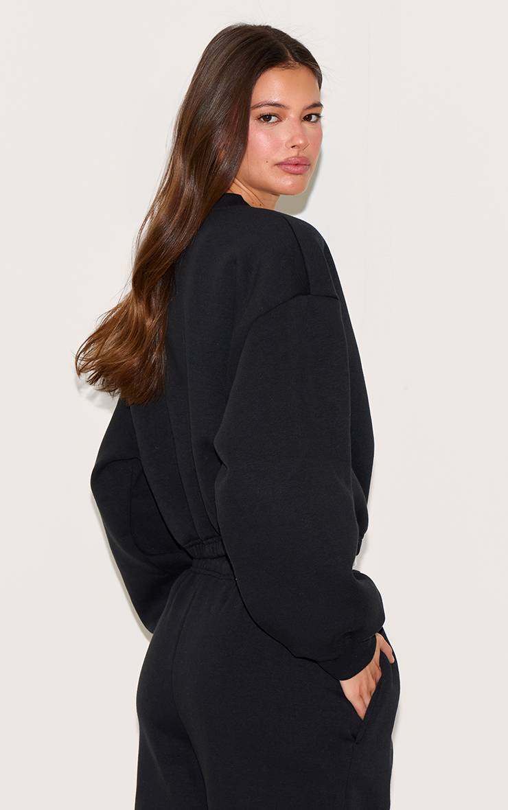 Noir Sweat-shirt Court Zippé Avec Cordon De Serrage À La Taille
