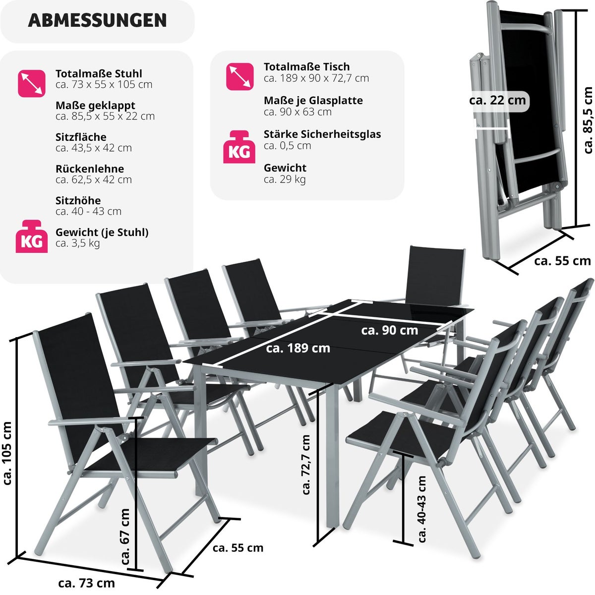 tectake Pompeii zitgroep met aluminium frame, voor 8 personen, tafel met veiligheidsglasplaat en stelschroeven