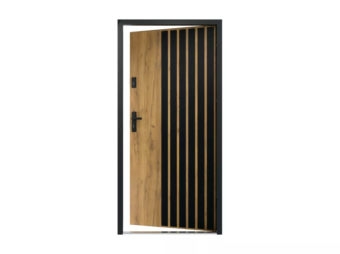 Porte d'entrée pleine en acier H207 x L100 cm - Effet chêne avec rayures noires - poussant droit - COBRITA