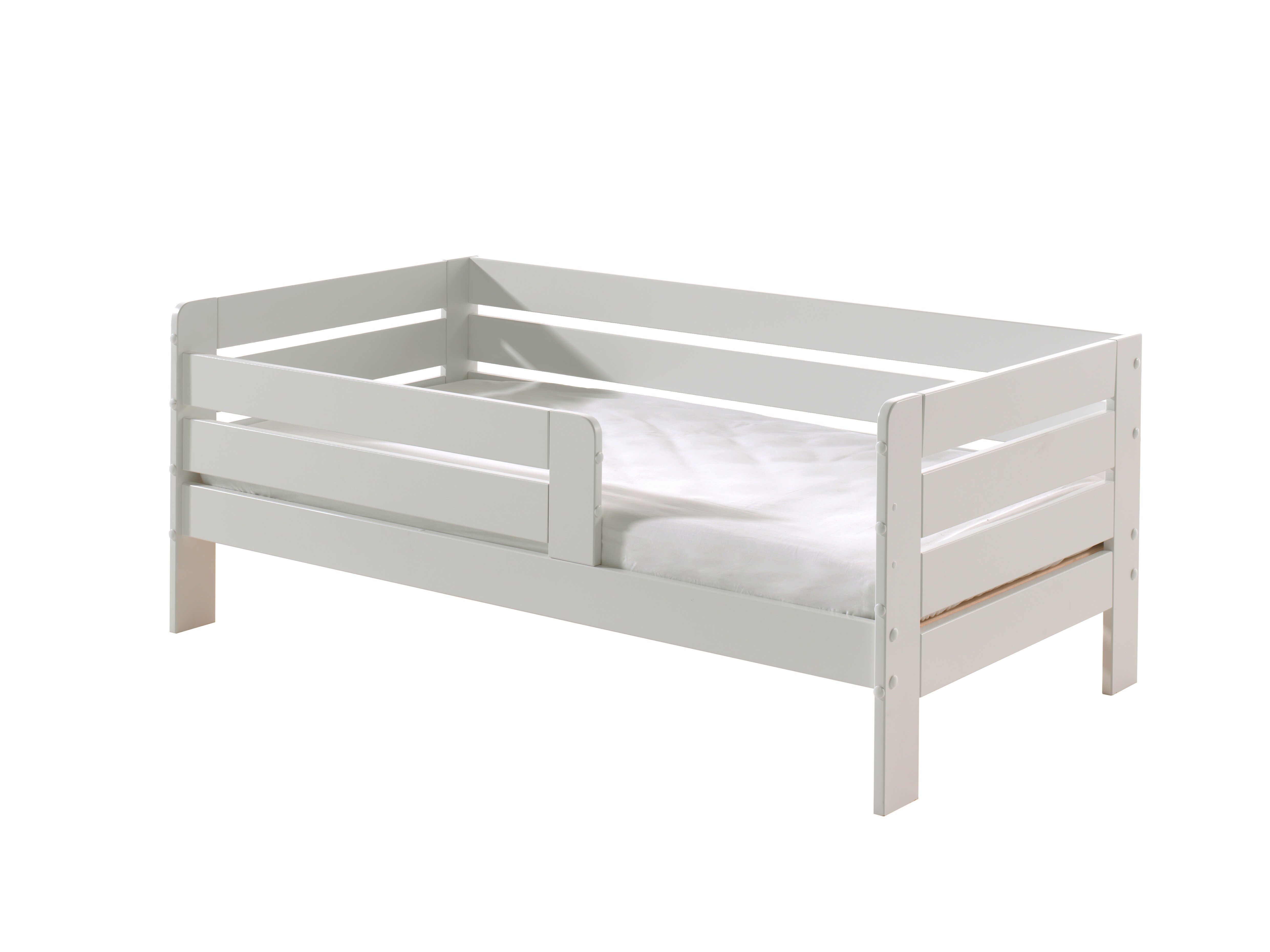 Juniorbett mit Liegefläche 70 x 140 cm, Umrandung mit waagerechten Paneelen, Ausf. MDF weiß lackiert