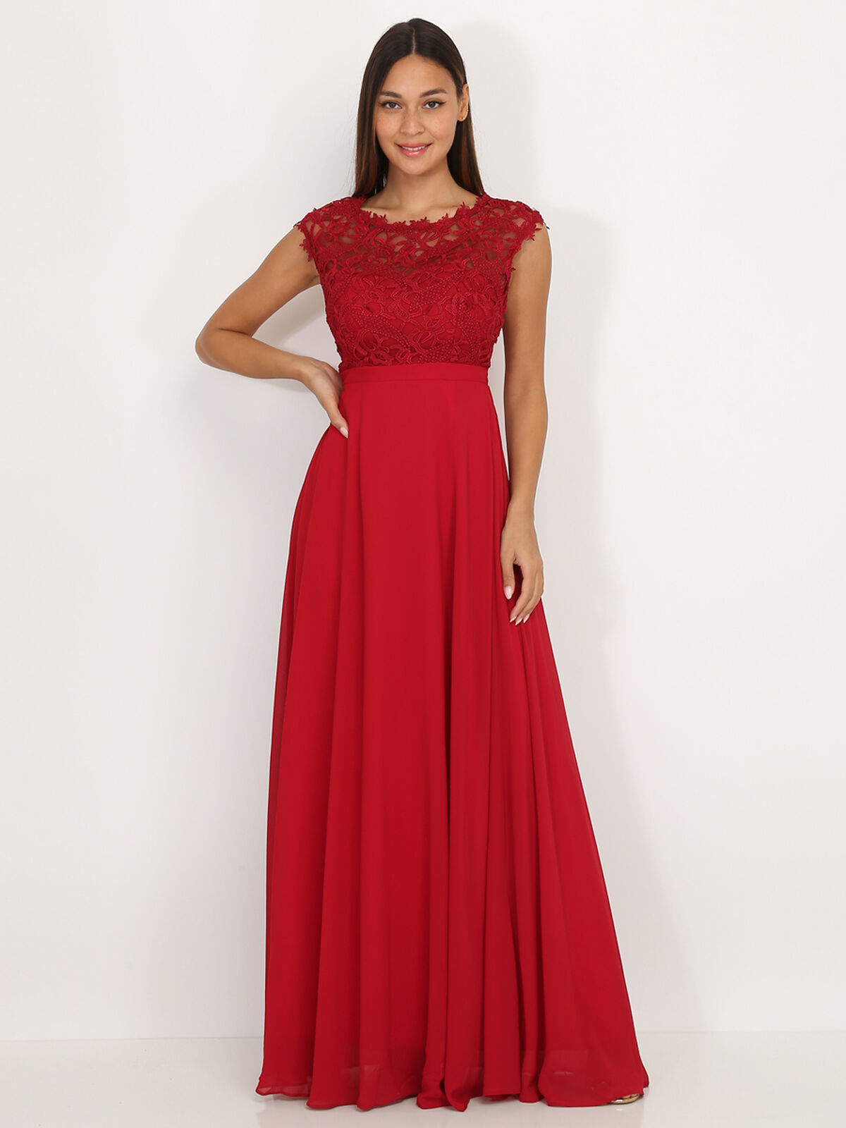Robe longue à dentelle- Rouge foncé