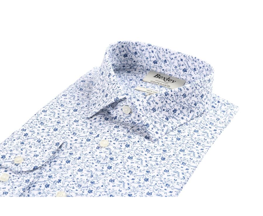 Chemise imprimée blanche à fleurs bleues - Col français - FIDÉLIAS