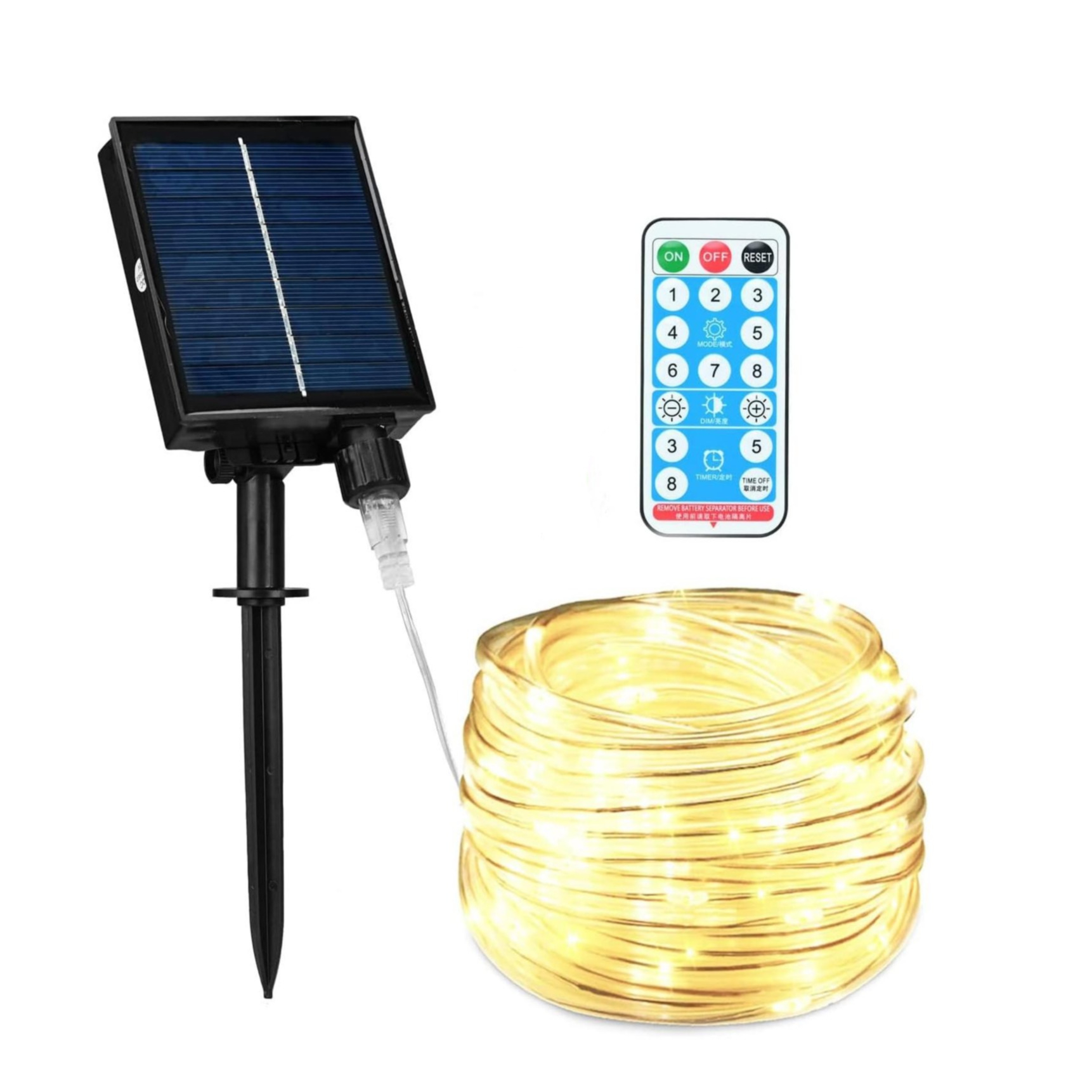 (12m) 100 LED's Deko Licht Schlauch Solar Lichterkette Outdoor Rope Light 8 Beleuchtungs Modi   Fernbedienung IP65 - Warmweiss