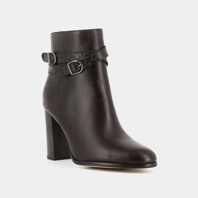 Bottines à talons et boucles  en cuir et croco marron
