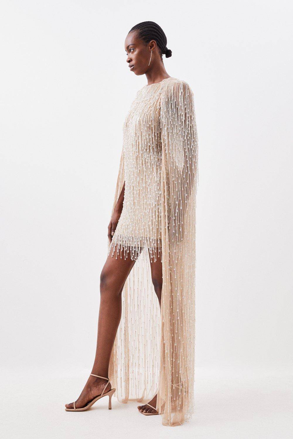 KarenMillen Robe Mini Tissée à Cape Ornée de Franges