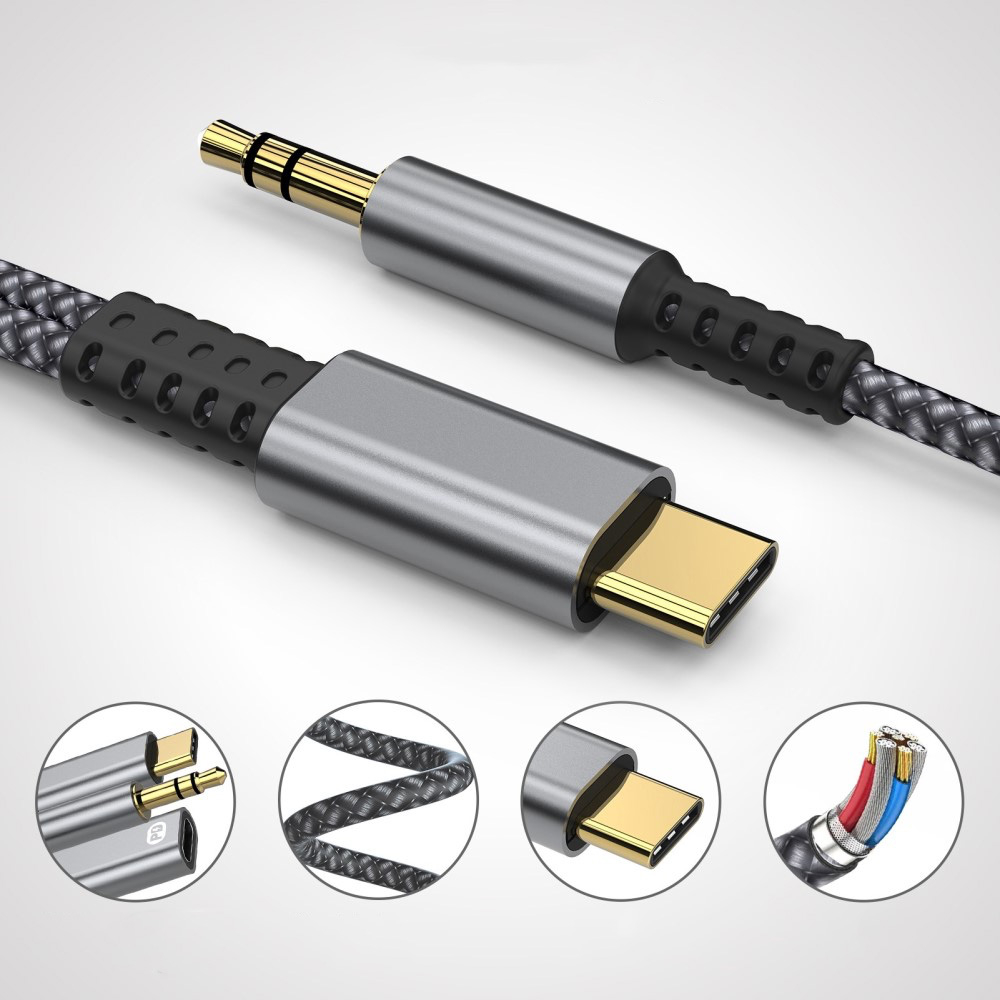 (1.2m) 2in1 USB C auf 3.5mm Kopfhöreranschluss AUX Klinkenstecker Nylon Kabel inkl. Ladeanschluss (PD/60W) - Schwarz