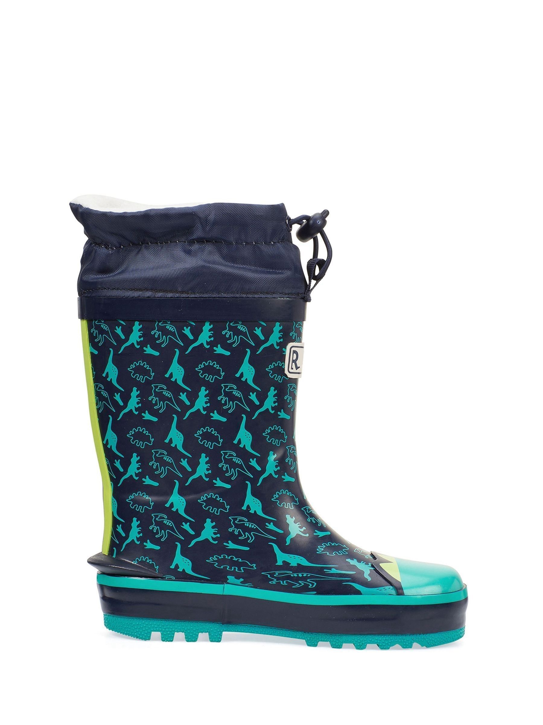Blauw - Start Rite - Little Puddle - Regenlaarzen met dinosaurus en gestrikte bovenkant