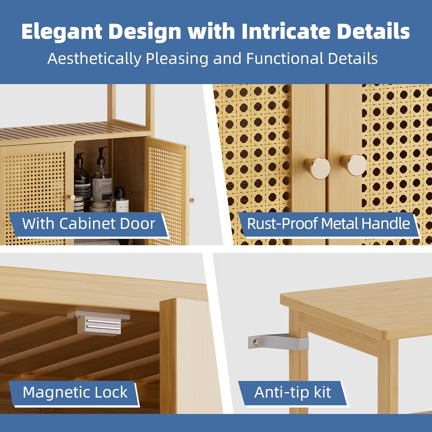 HITNET Rattan Badezimmerschrank, Bambus Badschrank mit Doppeltür, Freistehender Bodenaufbewahrungsschrank Seitenorganizer für Bad, Küche, Wohnzimmer, Natur