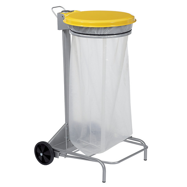 Support sac poubelle 2 roues à pédale Rossignol Collecroule avec couvercle jaune 110 L