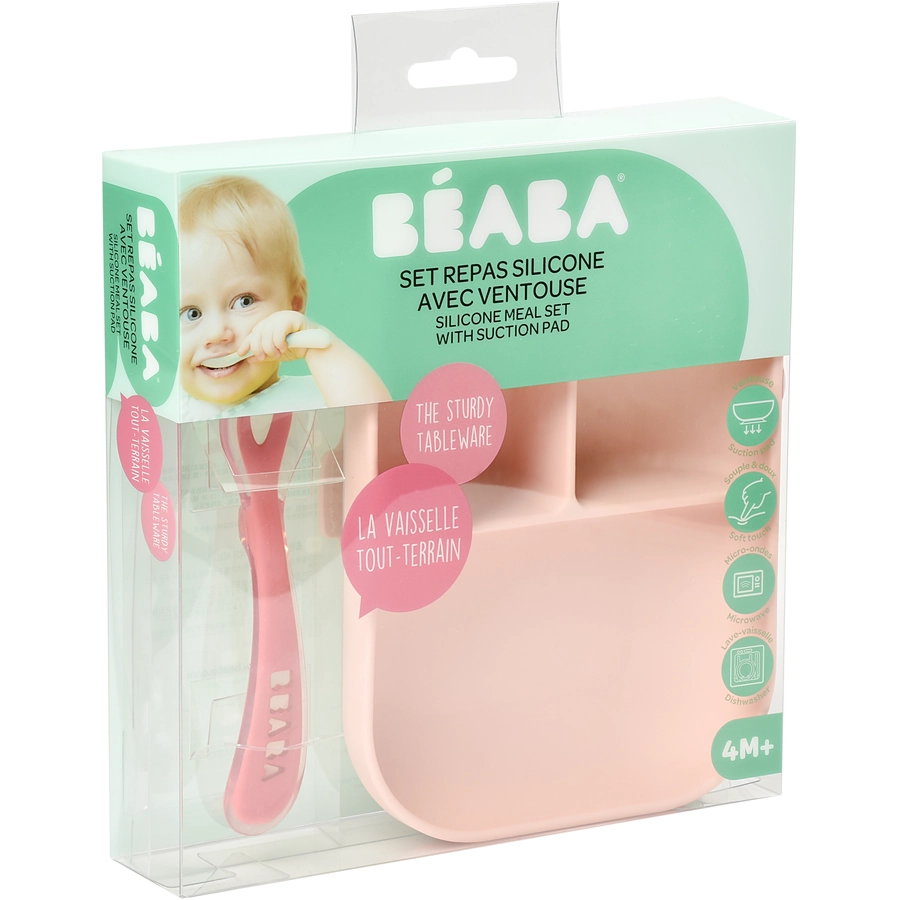 BEABA® Geteilter Silikonteller + Löffel 2. Altersstufe rosa