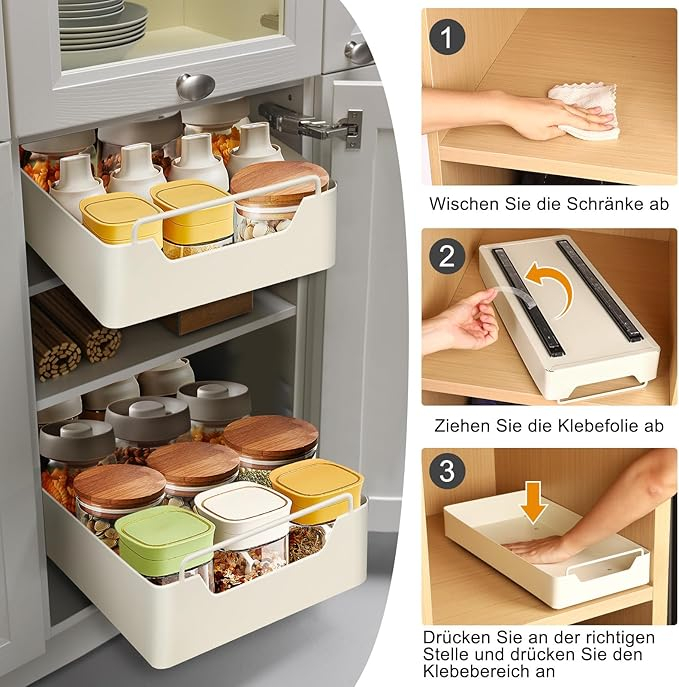 (43x25cm) Ausziehbare Metall Schublade Küchen Schubfach Selbstklebendes Organizer Regal für Lebensmittel / Reinigungsmittel / Kosmetik - Beige