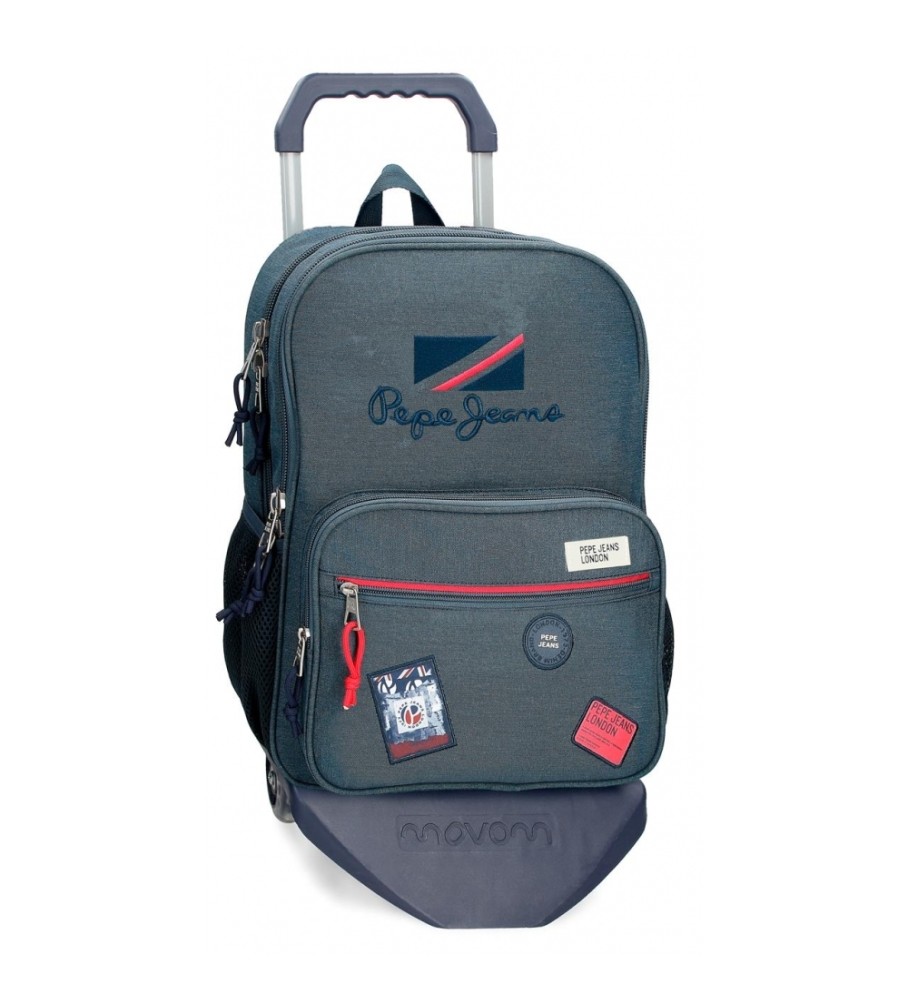 Mochila Pepe Jeans Kay 40cm, dois compartimentos com rodinhas, azul escuro
