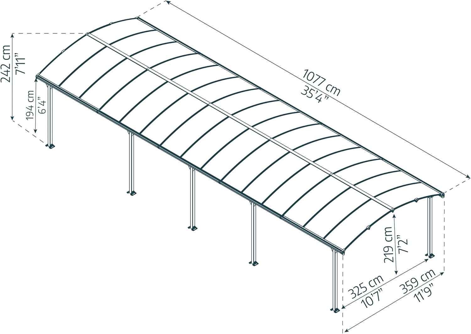 Palram Arcadia 10600 Carport Aluminium & Verzinkter Stahl 10,5x3,5m, Überdachung, Autogarage, Autounterstand, Einfache Montage, Carport Bausatz, 10 Jahre Garantie, Anthrazit Inkl. Regenrinne