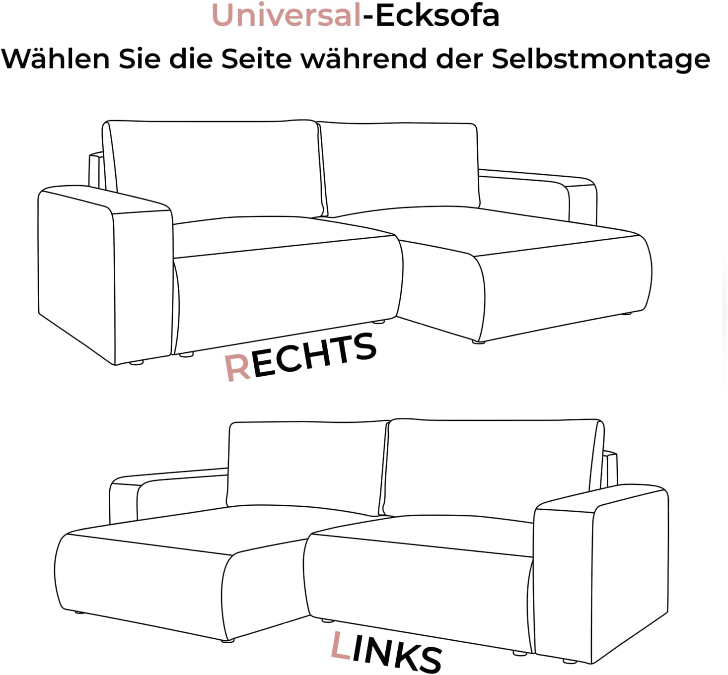Lookway Ecksofa Opera mit Schlaffunktion und Bettkasten, universaler L-Form Schlafsofa mit Liegefläche 125x205 cm, Wohnzimmer Sofa (Dunkelgrau - Poso 34)