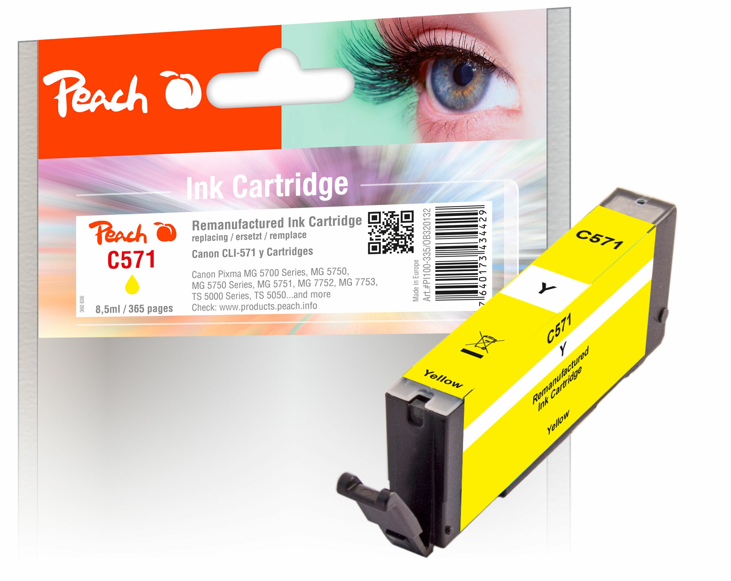 Peach C571 Y Druckerpatrone ye ersetzt Canon CLI-571Y, 0388C001 für z.B. Canon Pixma TS 5050, Canon Pixma TS 5055, Canon Pixma MG 5753 (wiederaufbereitet)