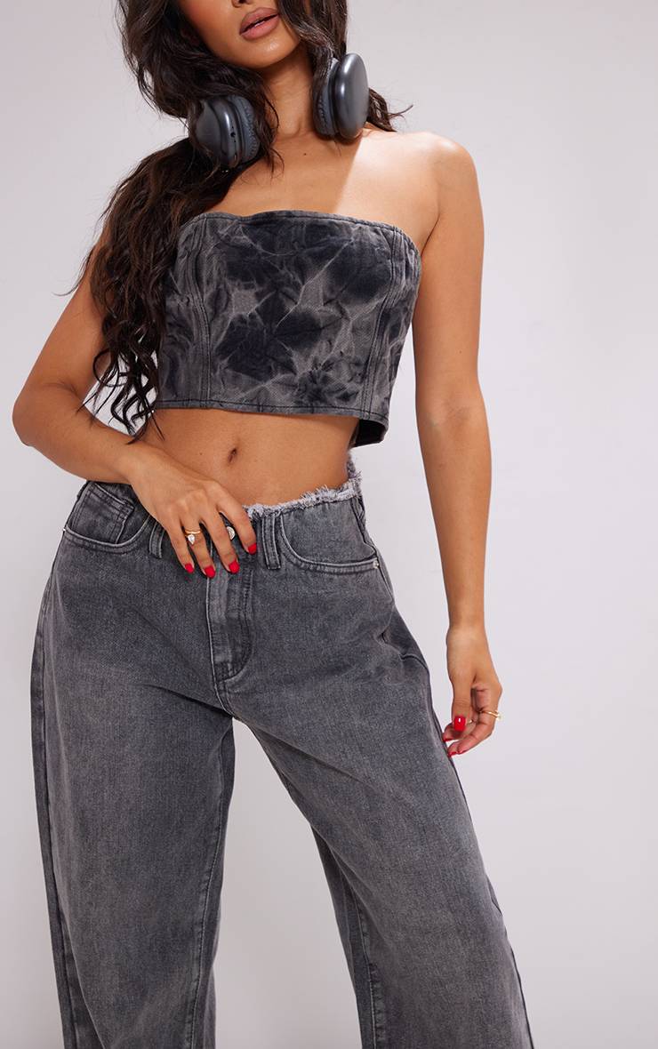 Washed Grey Jean Petite Taille Basse Coupe Droite Taille Effilochée