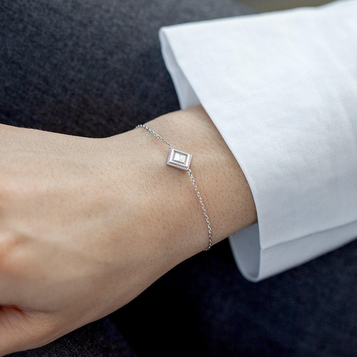 Bracelet argent 925, motif losange perlé 18 cm