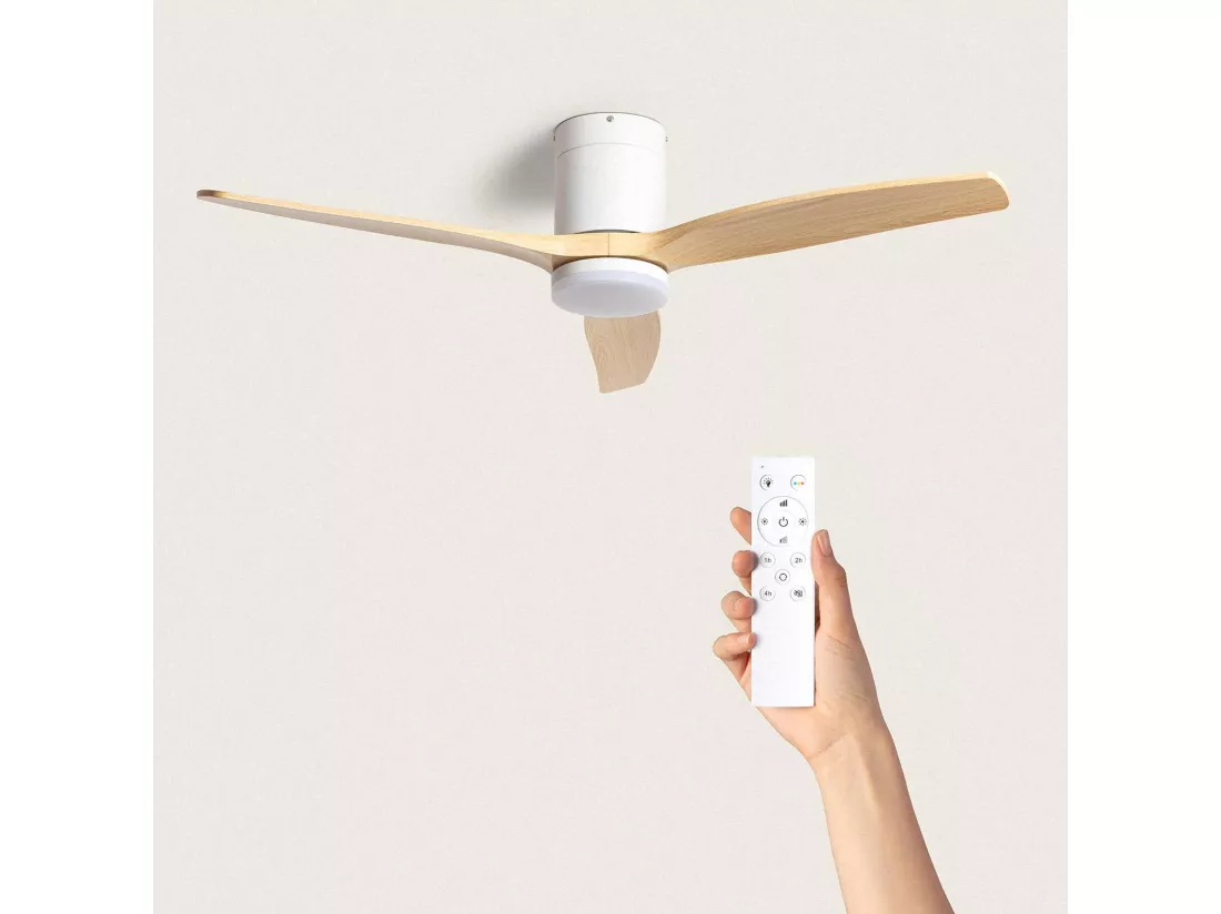 Ventilateur de Plafond Silencieux Angistri Blanc 132cm Motor DC Bois clair Télécommande Avec lumière Non