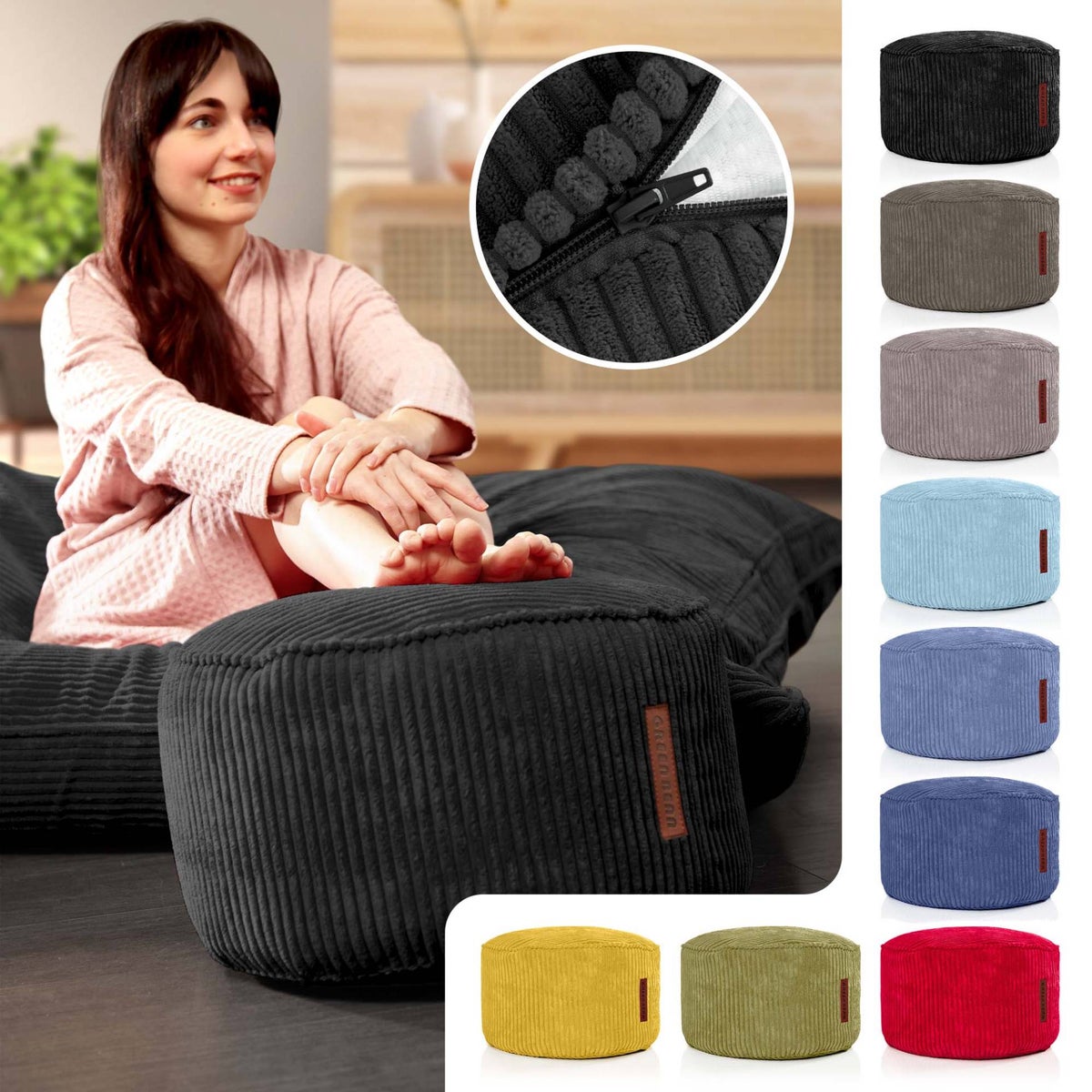 Groene bonen poef kussen 45x25cm met EPS kralen vulling & corduroy stof vloerkussen ligstoel kussen zitkussen poef fauteuil kinderen volwassenen stoffen kruk opbergruimte zwart