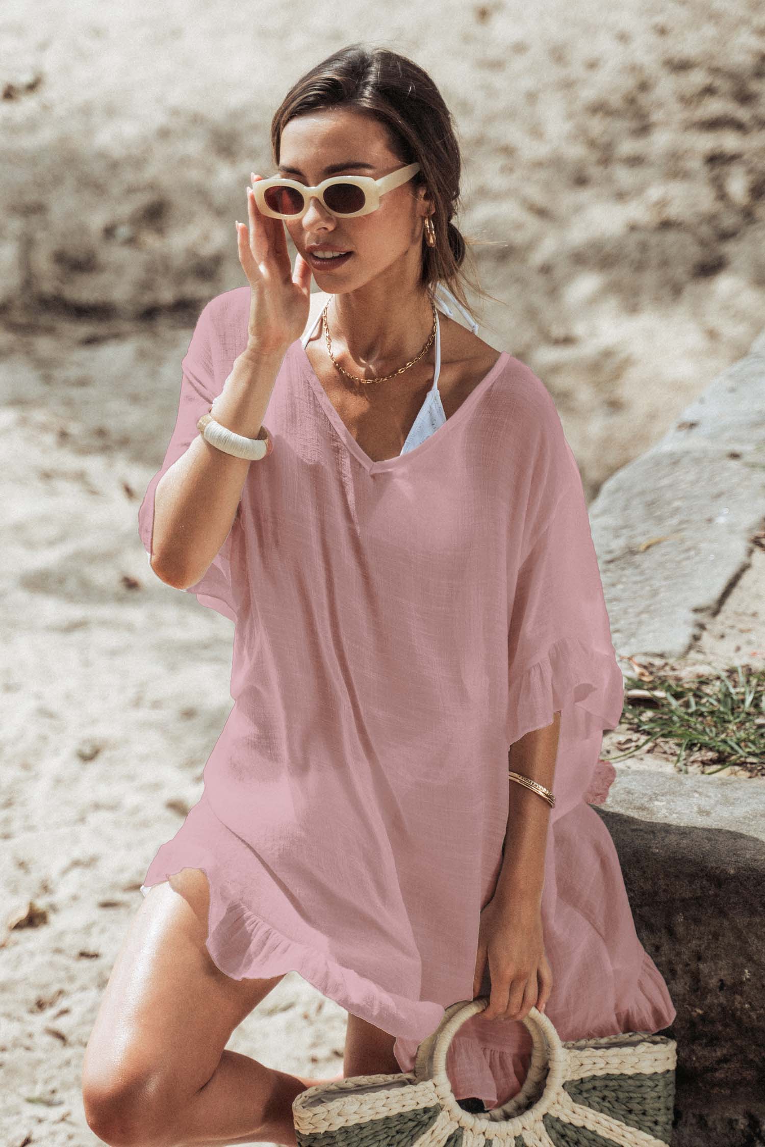 Robe cover up à manches évasées rose