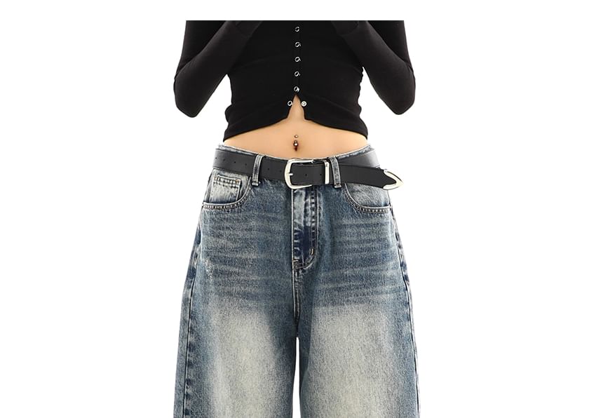 Elyou - Mid Waist Washed Wide Leg Jeans