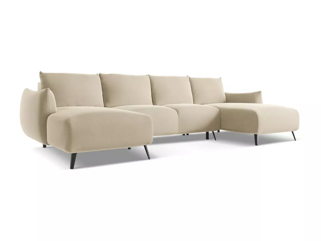 Canapé d'angle panoramique convertible en velours - beige clair - MALIE