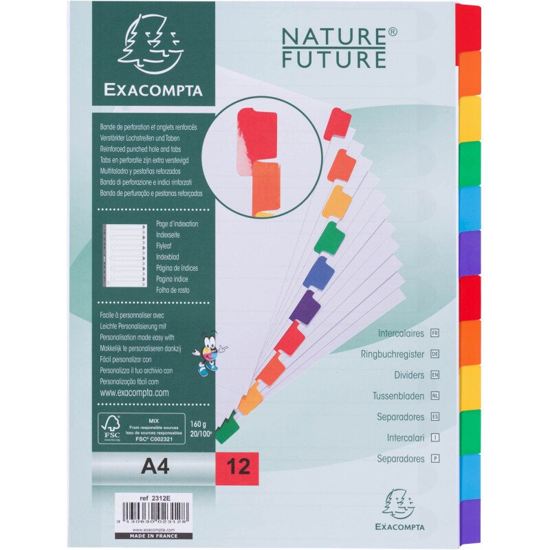 Intercalaire A4 carte160 g Exacompta 12 onglets neutres réinscriptibles multicolores - 1 jeu