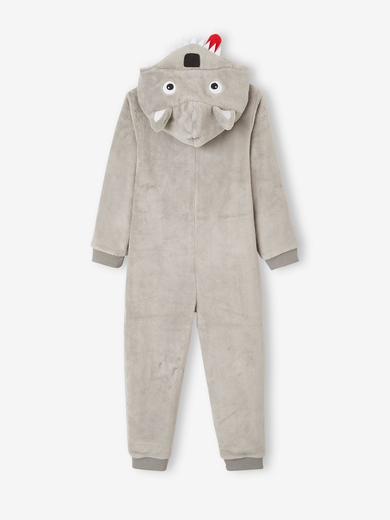 Pijama macacão de lobo para meninos, cinza claro liso com estampas.