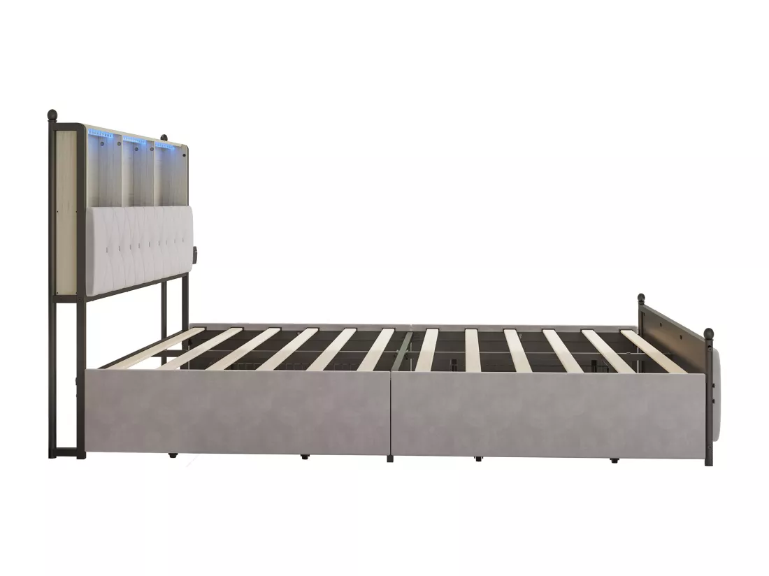 Lit adulte rembourré avec LED et 2 ports de charge USB - 4 tiroirs + sommier à lattes - tissu en velours - 140x200cm - Beige