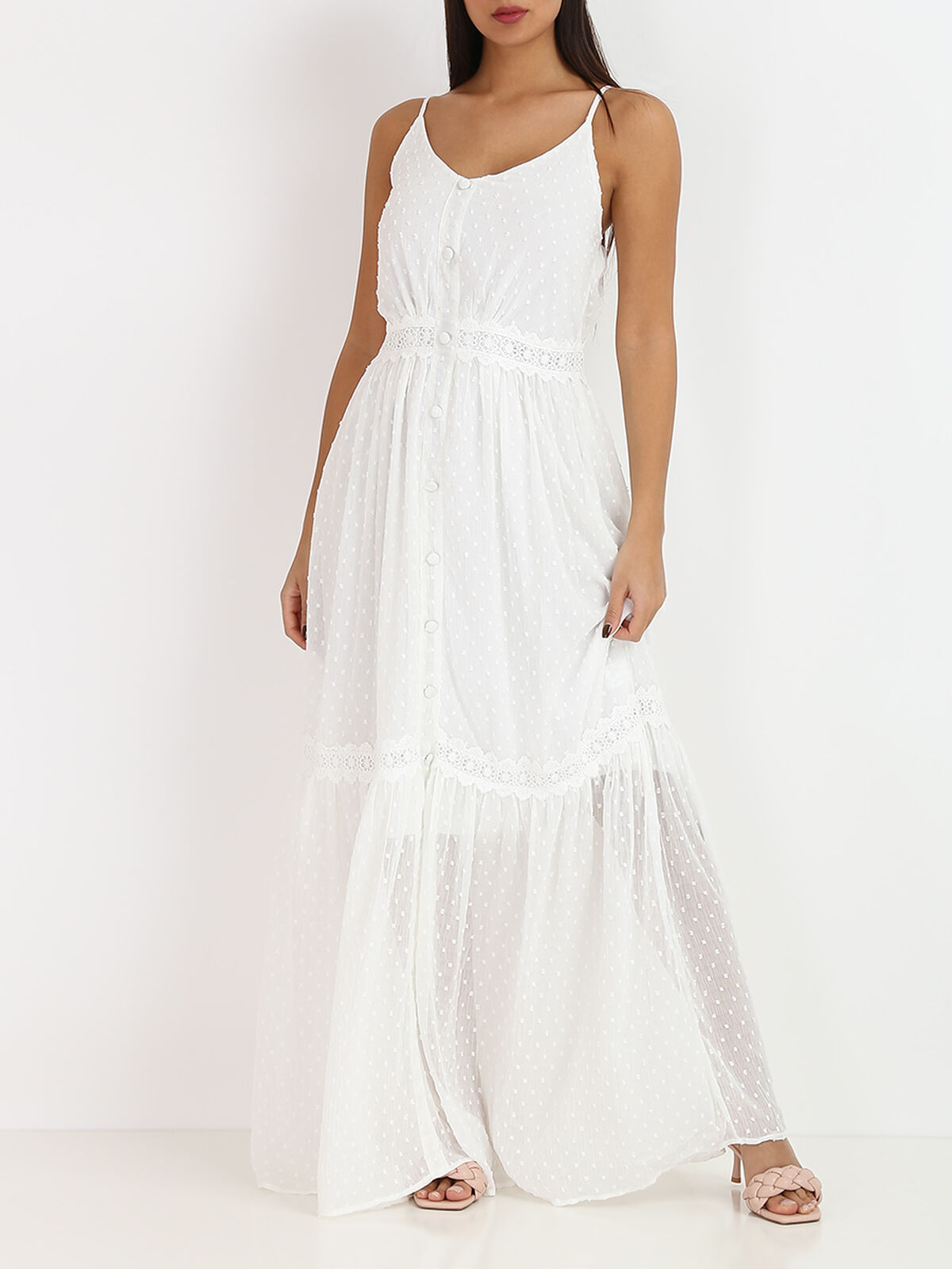Robe longue à plumetis- Blanc