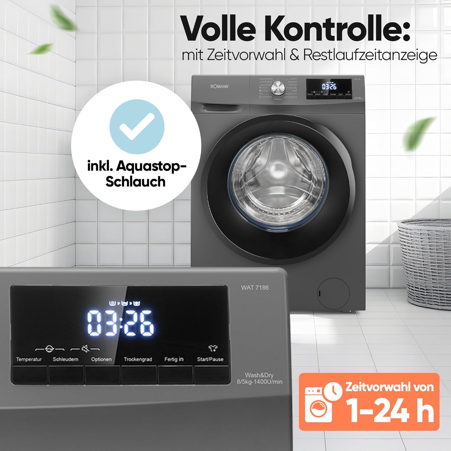 Bomann® Waschtrockner | Waschen und Trocknen | 10 Jahre Motor-Garantie | 8 kg Waschen, 5 kg Trocknen | Invertermotor | 1400 U/Min | Waschmaschine mit Trockner integriert | WAT 7186 titan