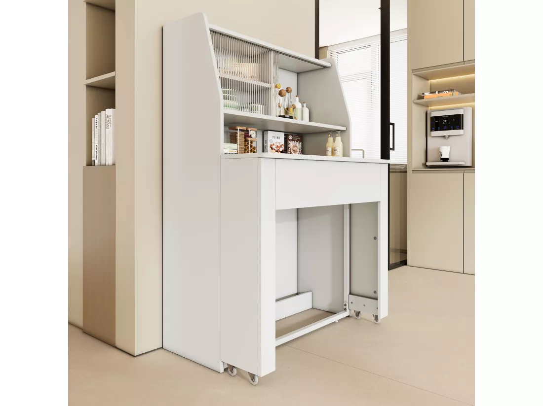 Buffet、Meuble de bar escamotable - avec compartiments au-dessus - style moderne - Blanc