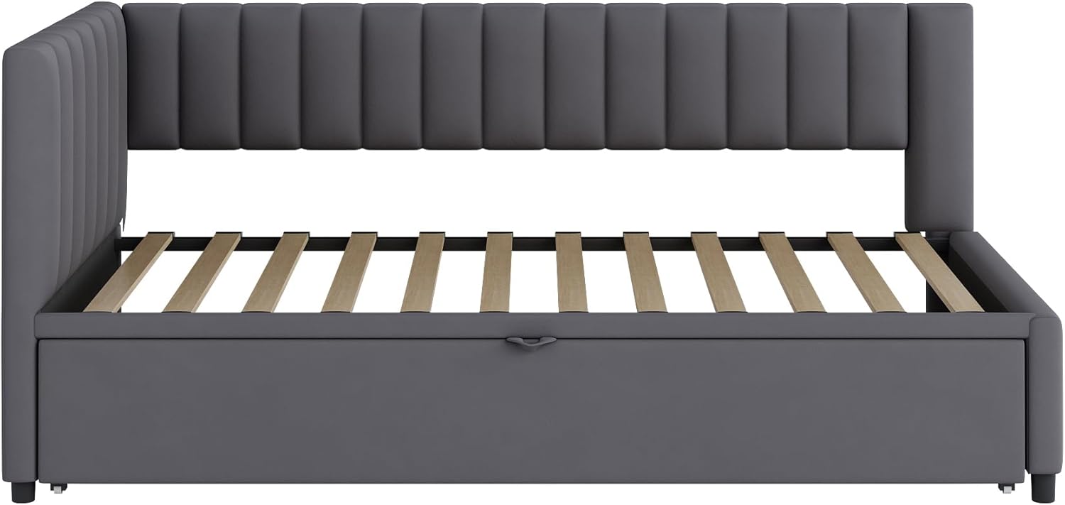 Multifunktionales L-förmiges Schlafsofa mit Ausziehbett 90/180 * 200cm, Polsterbett in Samtstoff, platzsparendes Design für Kinderbett, Gästebett（Ohne Matratze） (dunkelgrau)