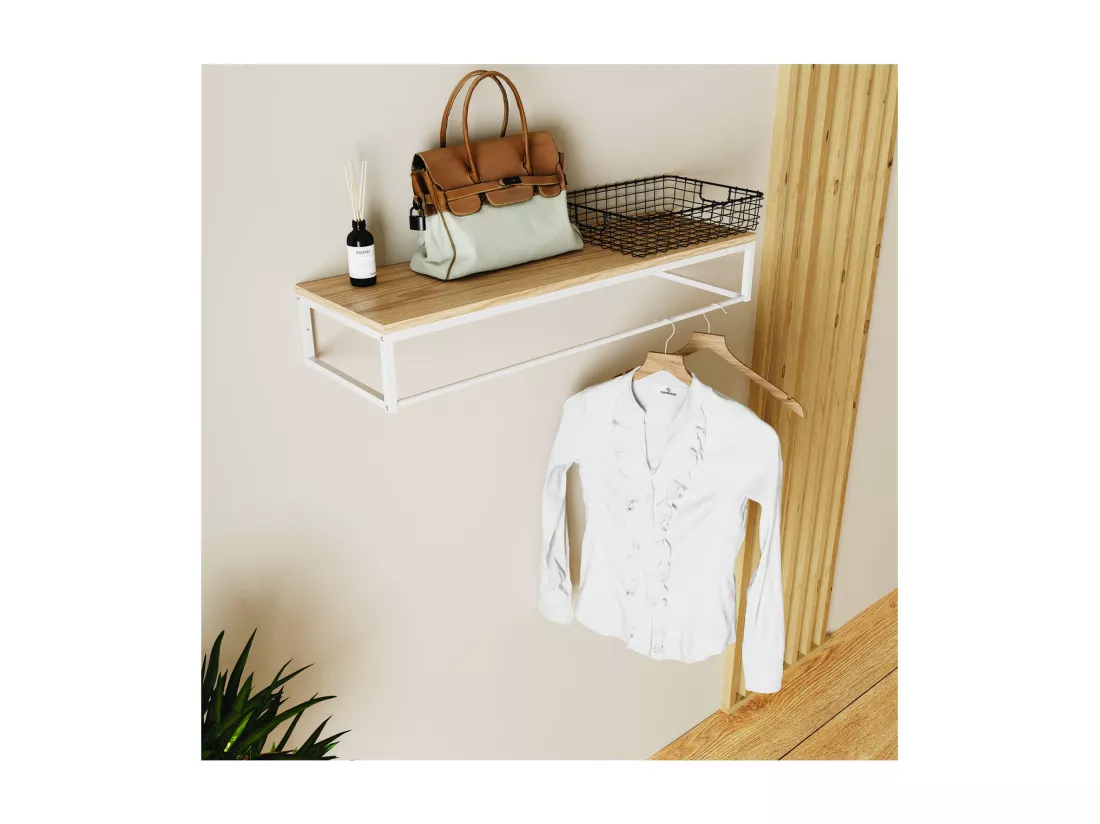 Penderie étagère murale bois et métal blanc L90cm