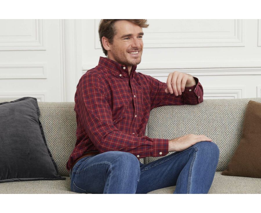 Chemise flanelle rouge sombre à carreaux navy et gold - FARLOW