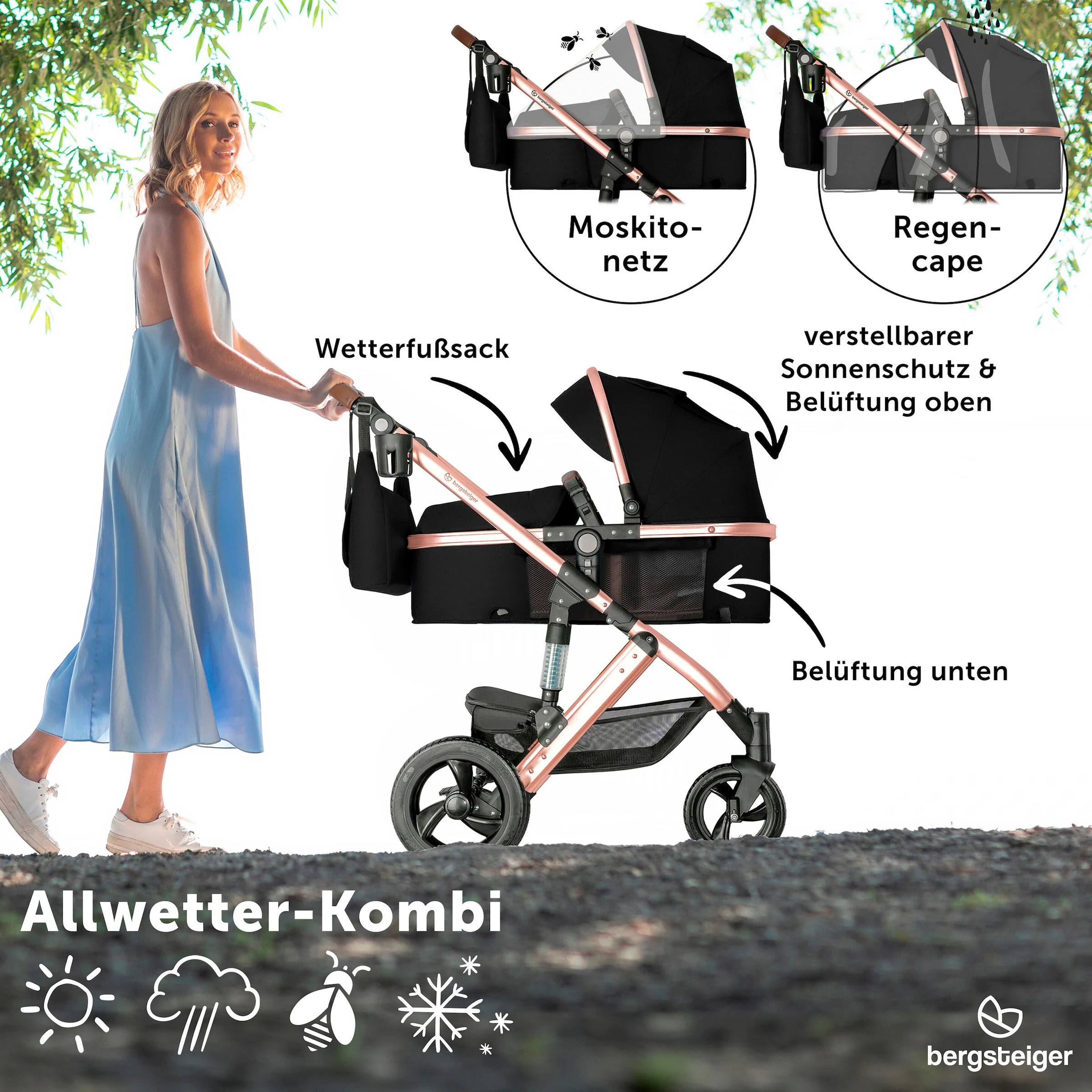 Bergsteiger Kinderwagen Nizza black | Gestell: rose golden