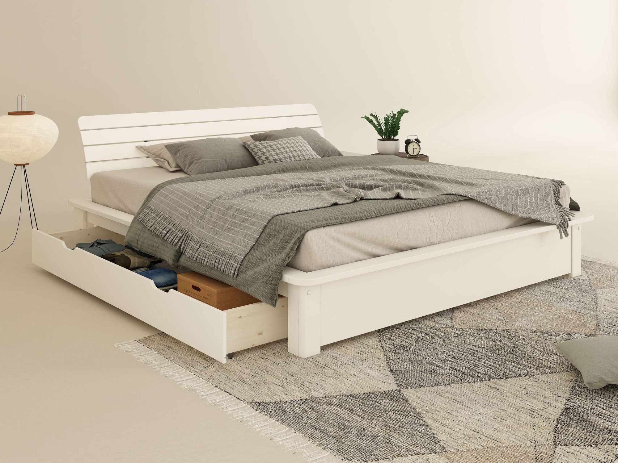 GOODproduct Massivholzbett »Antri, Futonbett, ergonomisch geformtes Kopfteil, stilvolles Design« Rahmen zur Ablage von Smartphone, mit Lattenrost, Bettkasten optional