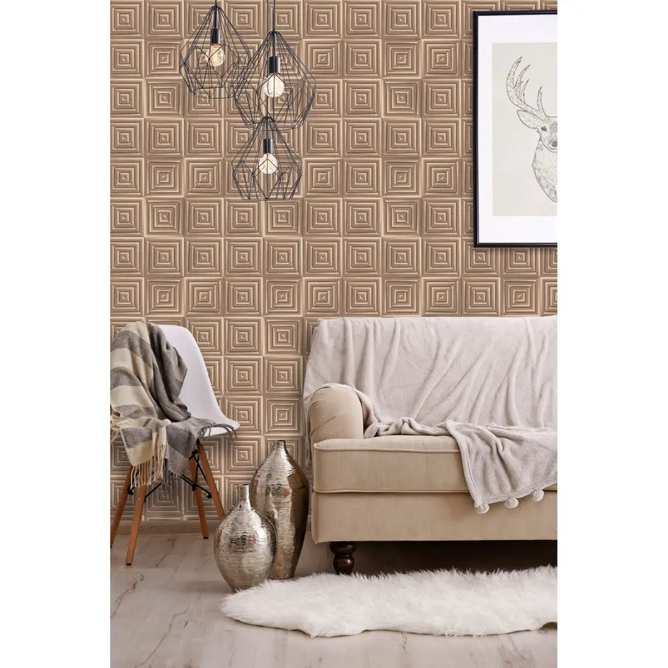 Dutch Wallcoverings - Hexagone 3D vierkant koper - 0,53x10,05m