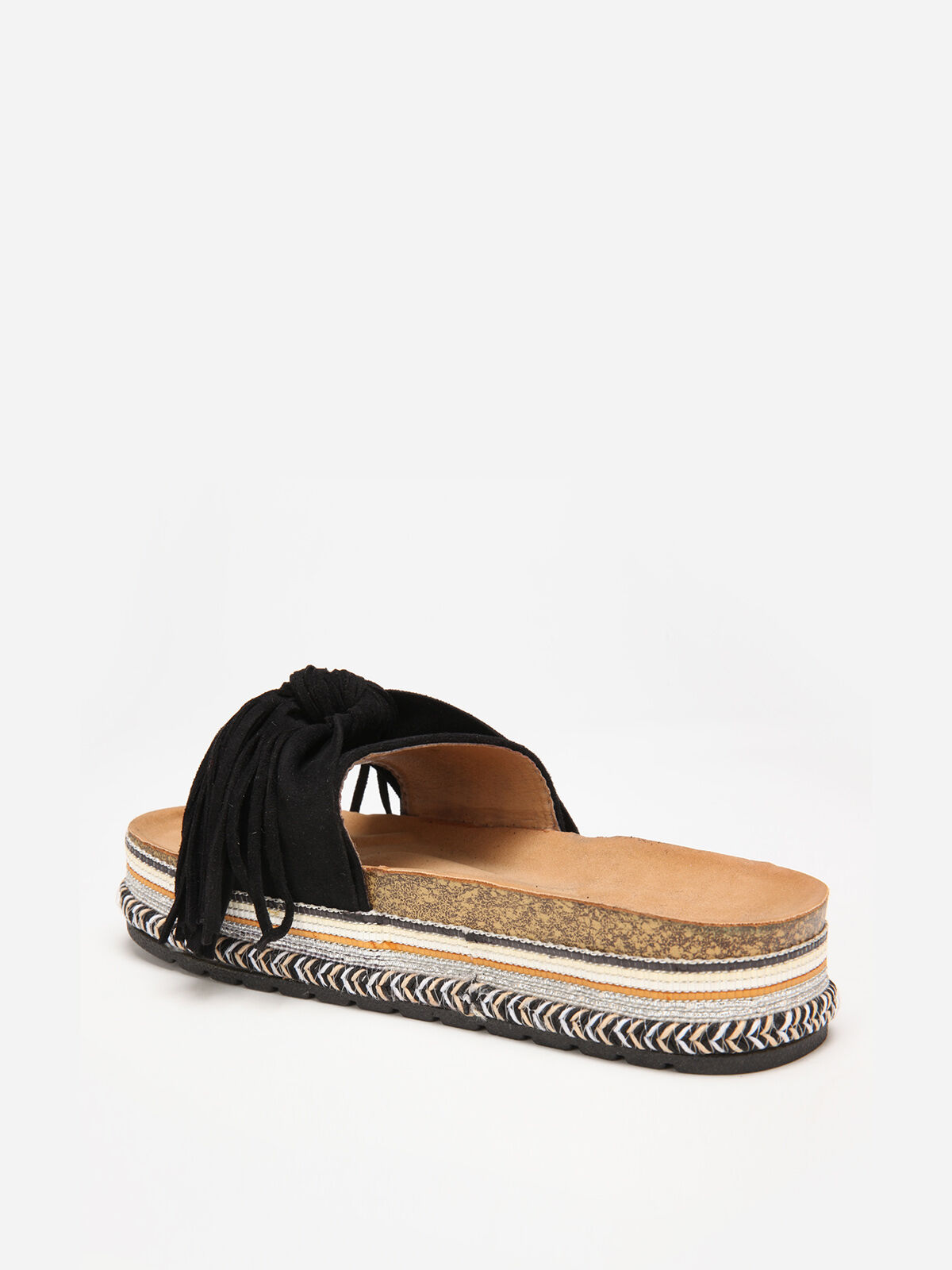 Mules à motif ethnique avec noeud et pompon- Noir
