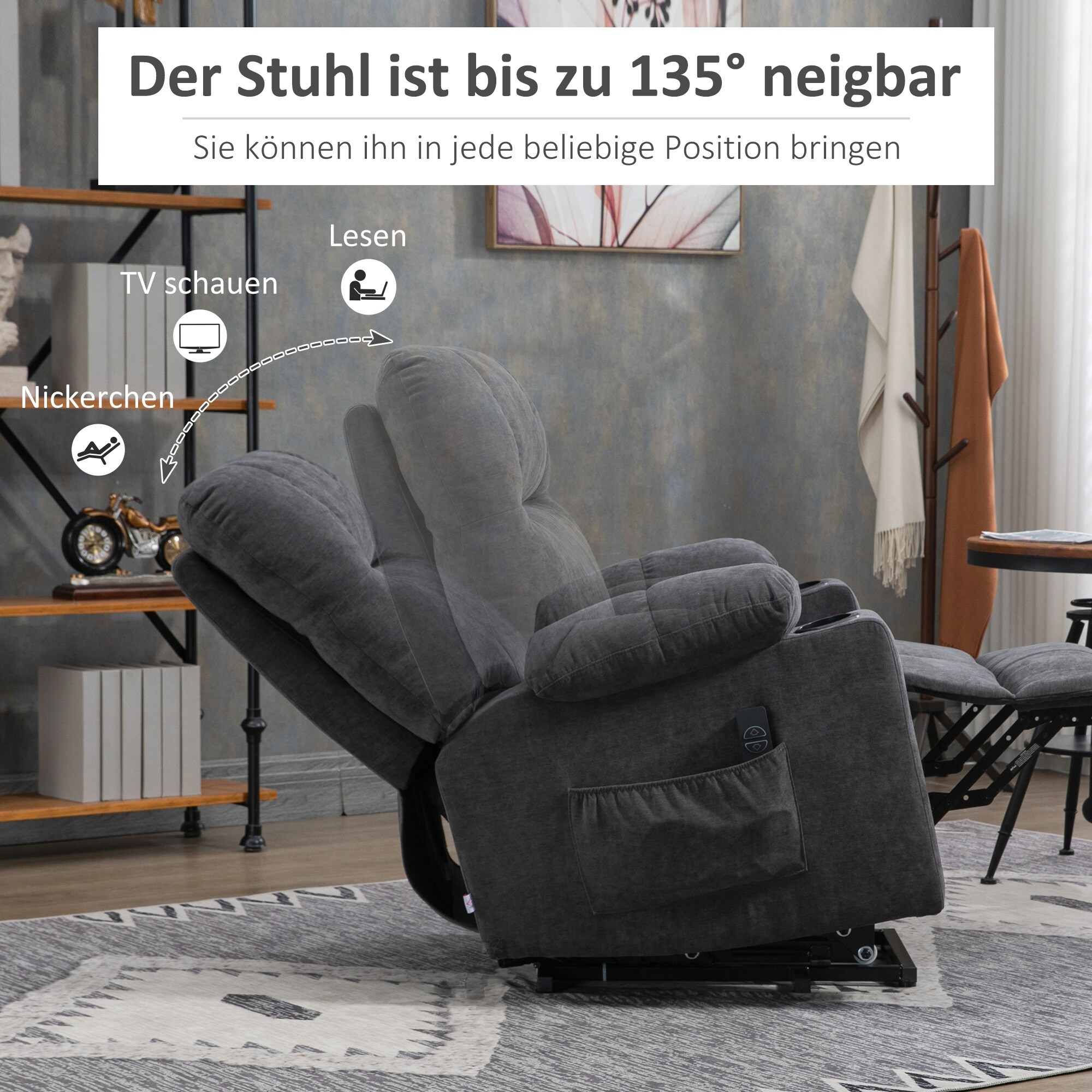 HOMCOM Aufstehsessel mit Liegefunktion und Getränkehaltern grau 91L x 95B x 109H cm