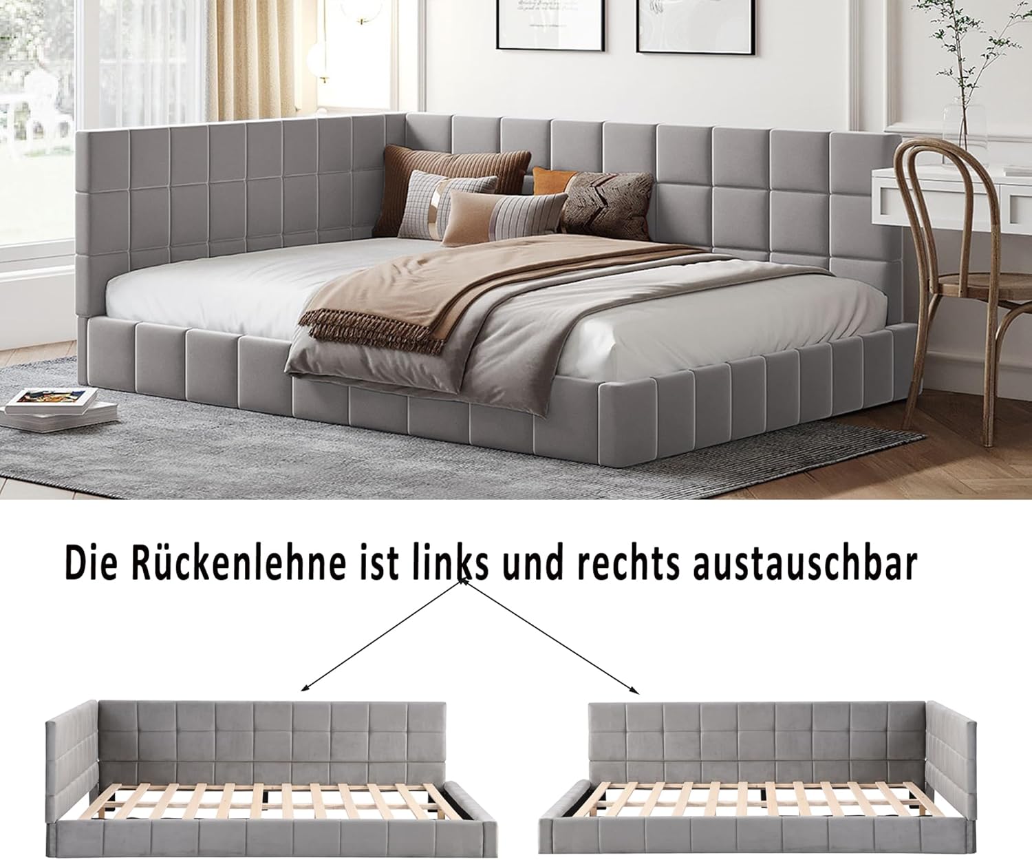Polsterbett Schlafsofa 140x200, Doppelbett mit Lattenrost, Daybett Tagesbett Jugendbett Kinderbett Gästebett, Samt, ohne Matratze, Grau
