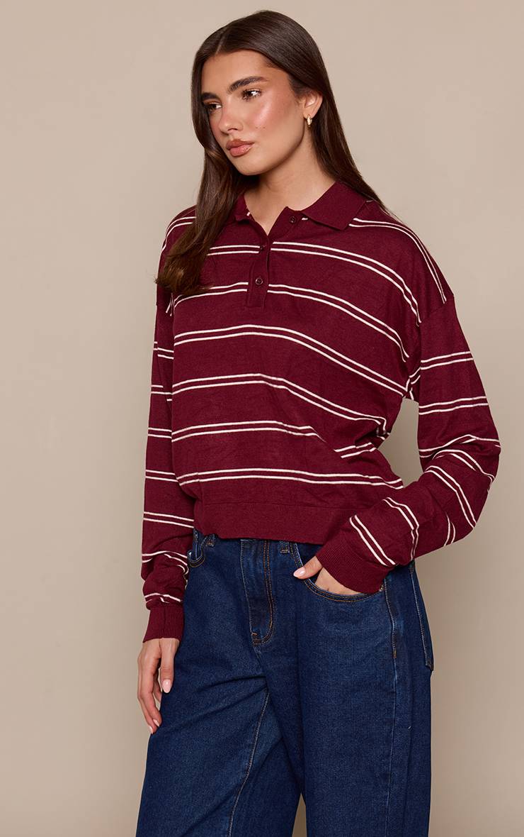 Rouge Bordeaux Synthétiquell Polo Rayé En Maille À Manches Longues