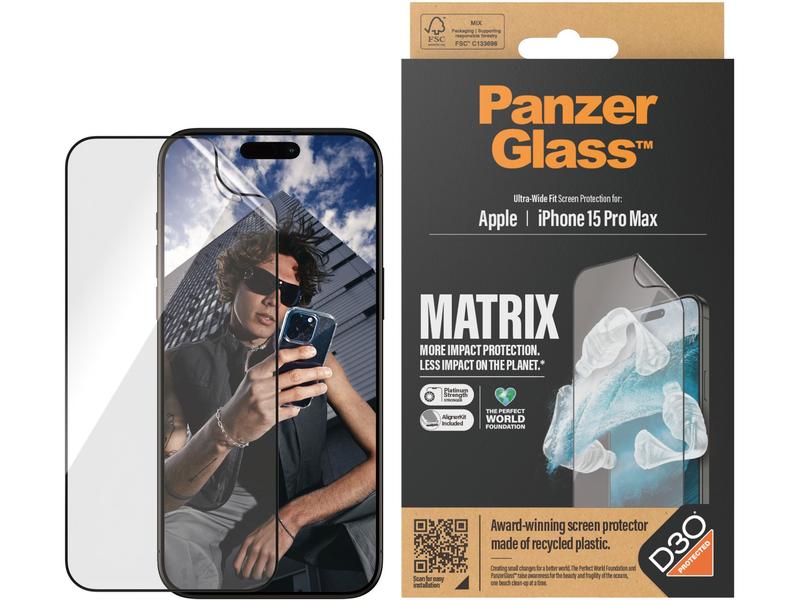 Panzerglass Displayschutz Matrix iPhone 15 Pro Max Displayschutzfolie mit Applicator und D30 (Rec. PET) für das Apple iPhone 15 Pro Max