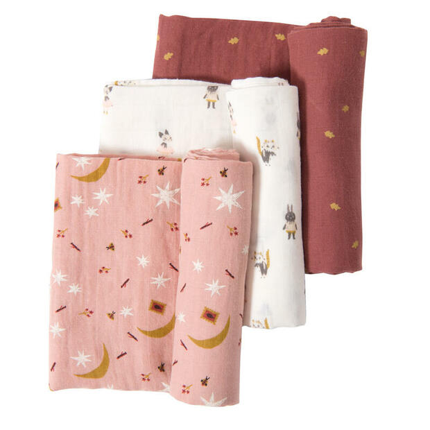Set de 3 langes (personnages/étoiles/feuilles) Après la pluie - MOULIN ROTY