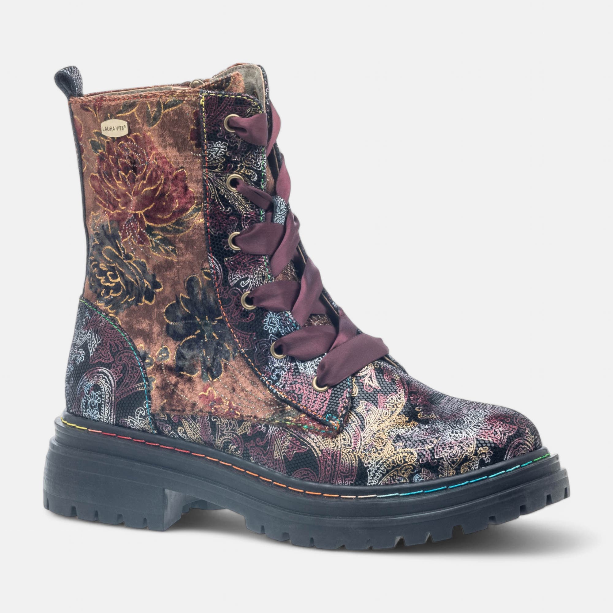 Bottines à lacets Femme en cuir bordeaux