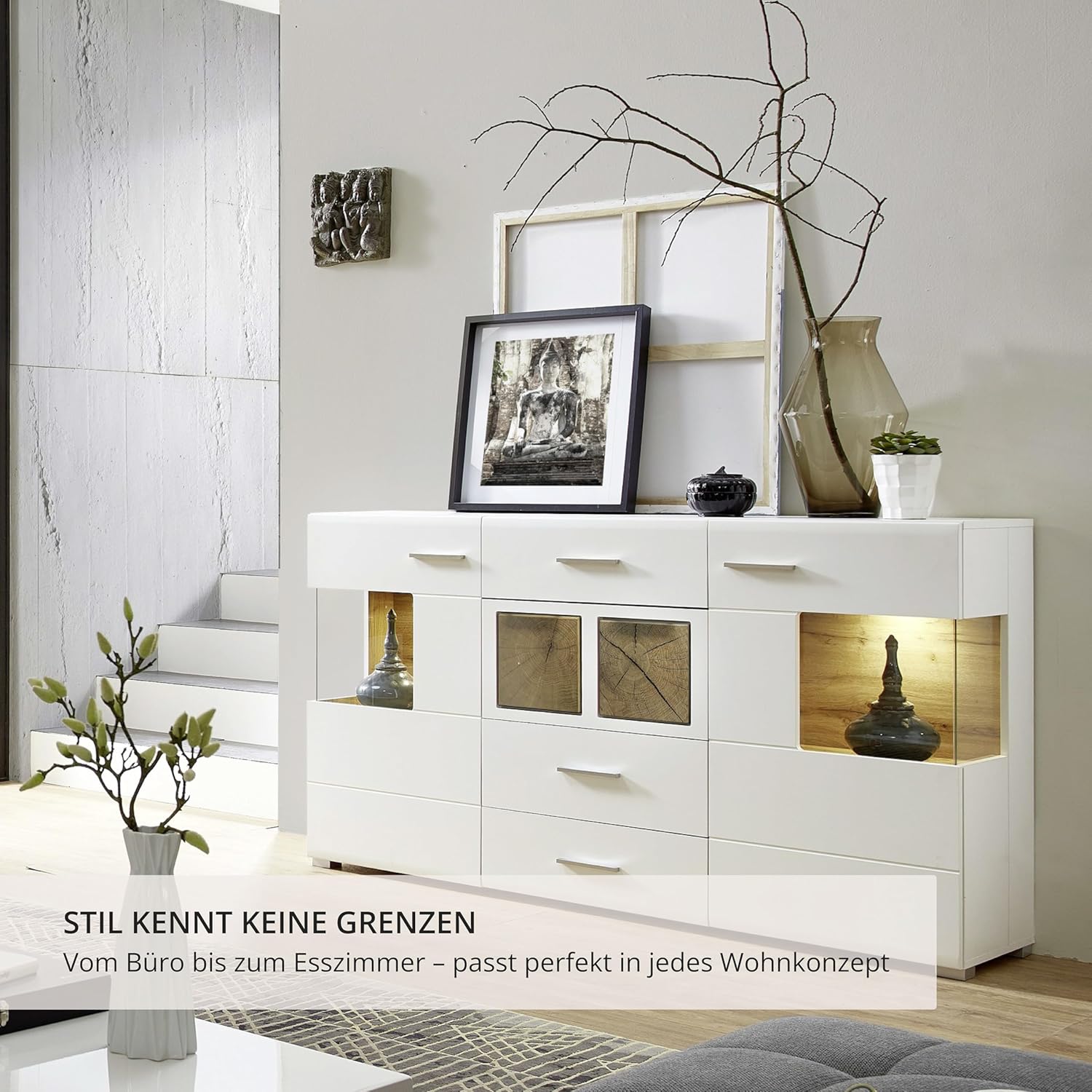 Stella Trading Fun Plus Sideboard weiss mit schönen Hirnholz-Applikationen - Moderne Kommode inkl. LED Beleuchtung - 170 x 94 x 42 cm (B/H/T)